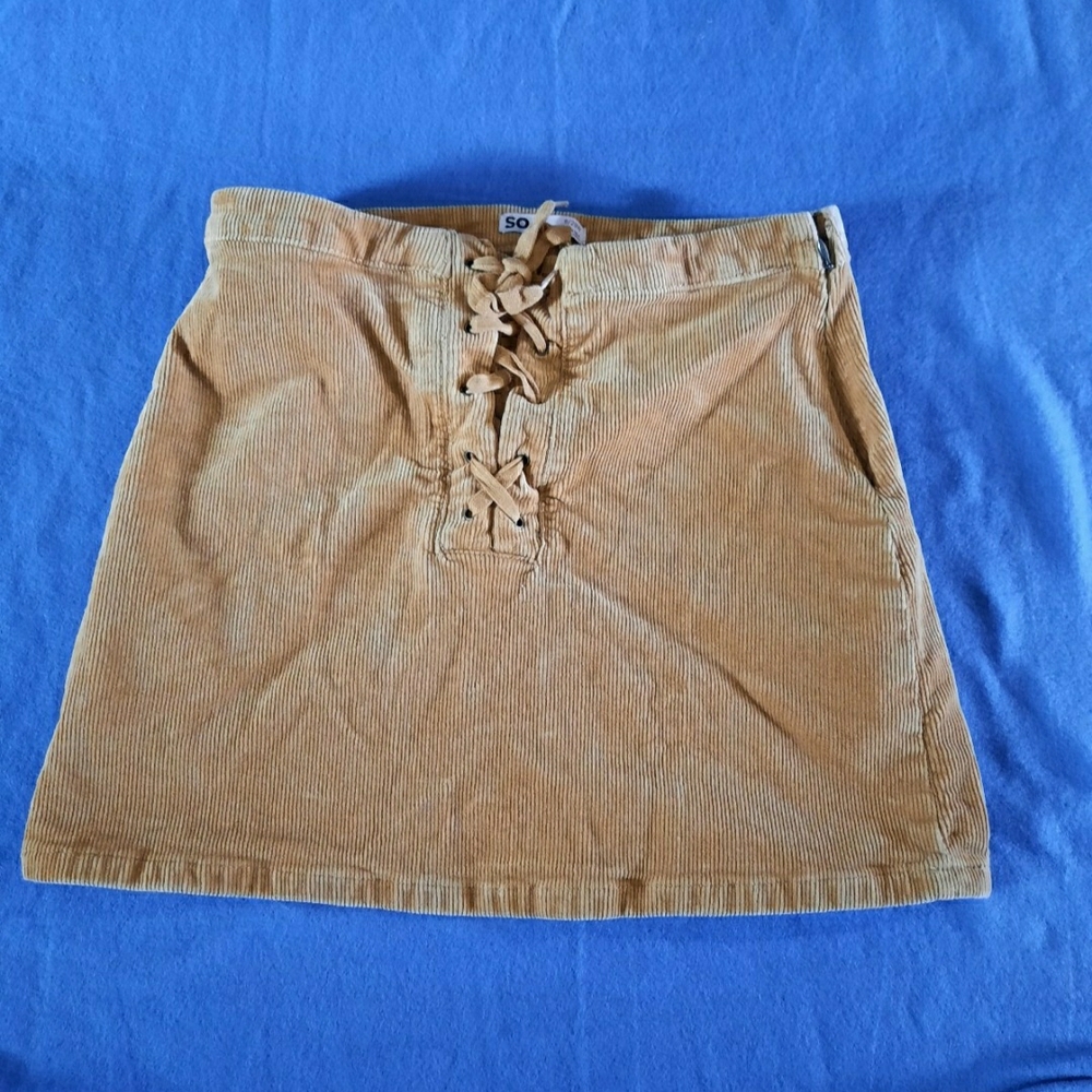 SO Tan Corduroy Mini Skirt with Lace-Up Front
